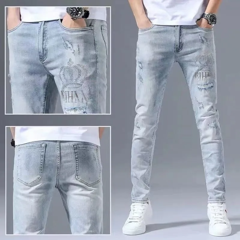 

Men's high quality Jeans Trendy Brand Spring and Summer Ripped Embroidered Slim-fit Skinny Pants All-match Long Pants