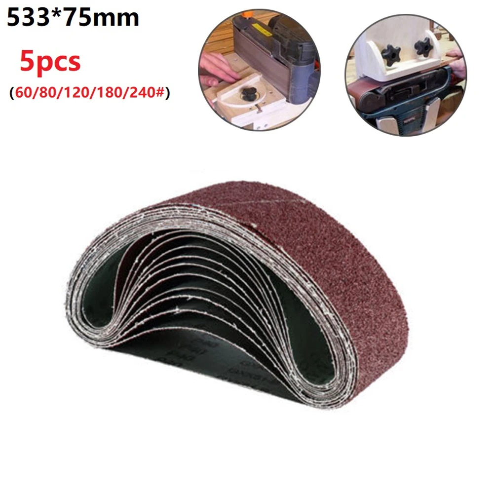 

Abrasive Band Sanding Belts 75mm*533mm 5 Pieces 60/80/120/180/240 Grits Accessories Alumina Burgundy Replacement