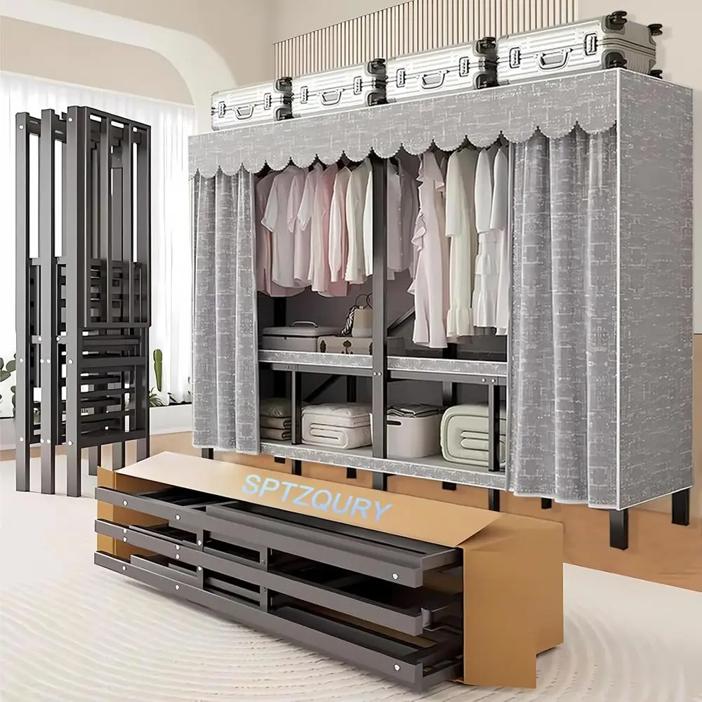 

Heavy-Duty Portable Wardrobe with Cover, 95.3in Hanging Closet, 1200lbs Load Capacity, Grey Storage Rack