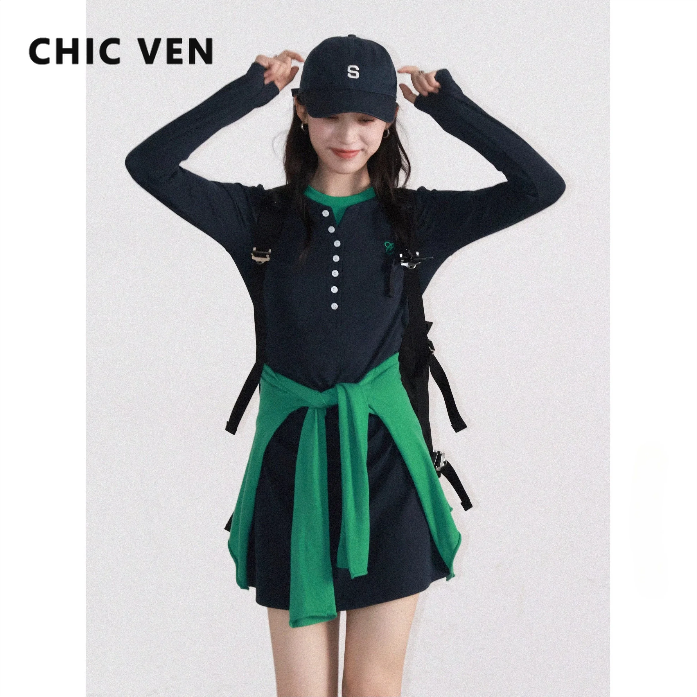 シック VEN 女性ドレス A ライン O ネックカジュアル新コントラスト長袖スポーツ Tシャツドレススリムプリーツ春夏 2025