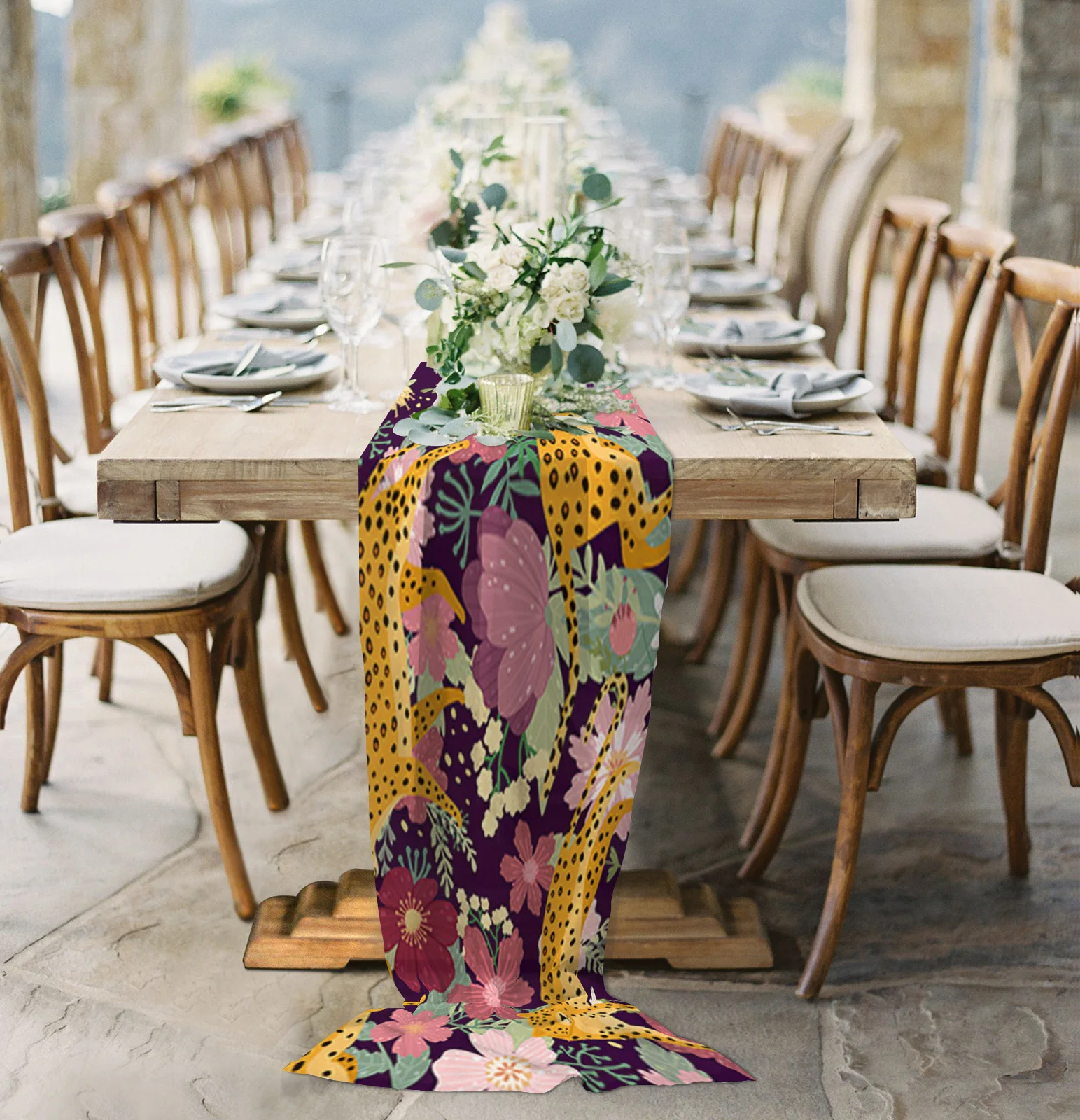 

Leopard On Colored Flowers Sheer Chiffon Table Runner Country Wedding Party Birthday Tulle Voile Table Cloth Home Decoration