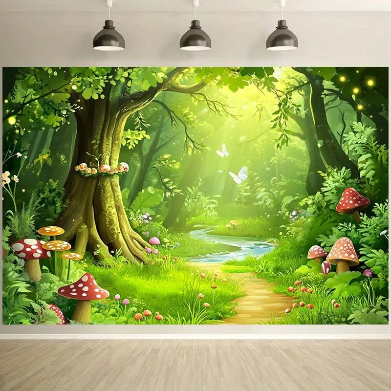 2D flacher 1-teiliger Polyester-Hintergrundstoff mit Märchenwaldmotiv, voller lebendiger Waldlandschaft, geeignet für Geburtstagsfeiern