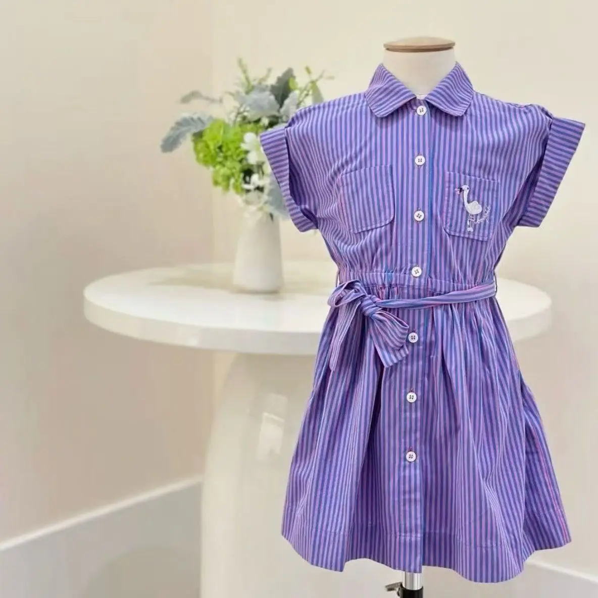 Girls' Dress 2026 Summer New Purple Printed Striped Children's Shirt Skirt Cotton Temperament Waist Cinched Girls' A-line Dress