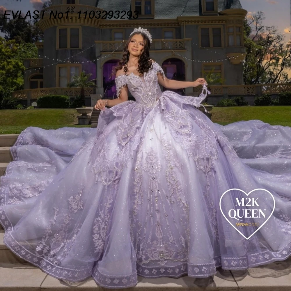 

EVLAST Customized Lilac Ball Gown Quinceanera Dress Sequins Lace Applique Beading Tiered Sweet 16 Vestidos De 15 Anos E1QN326
