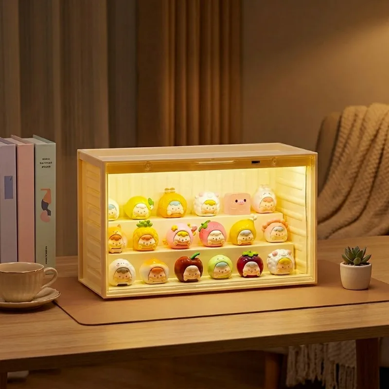 Cute Figurine Storage Box with Sensor Light High Transparency Door Removable Tier Shelf Stackable Kawaii Figurine Display Case