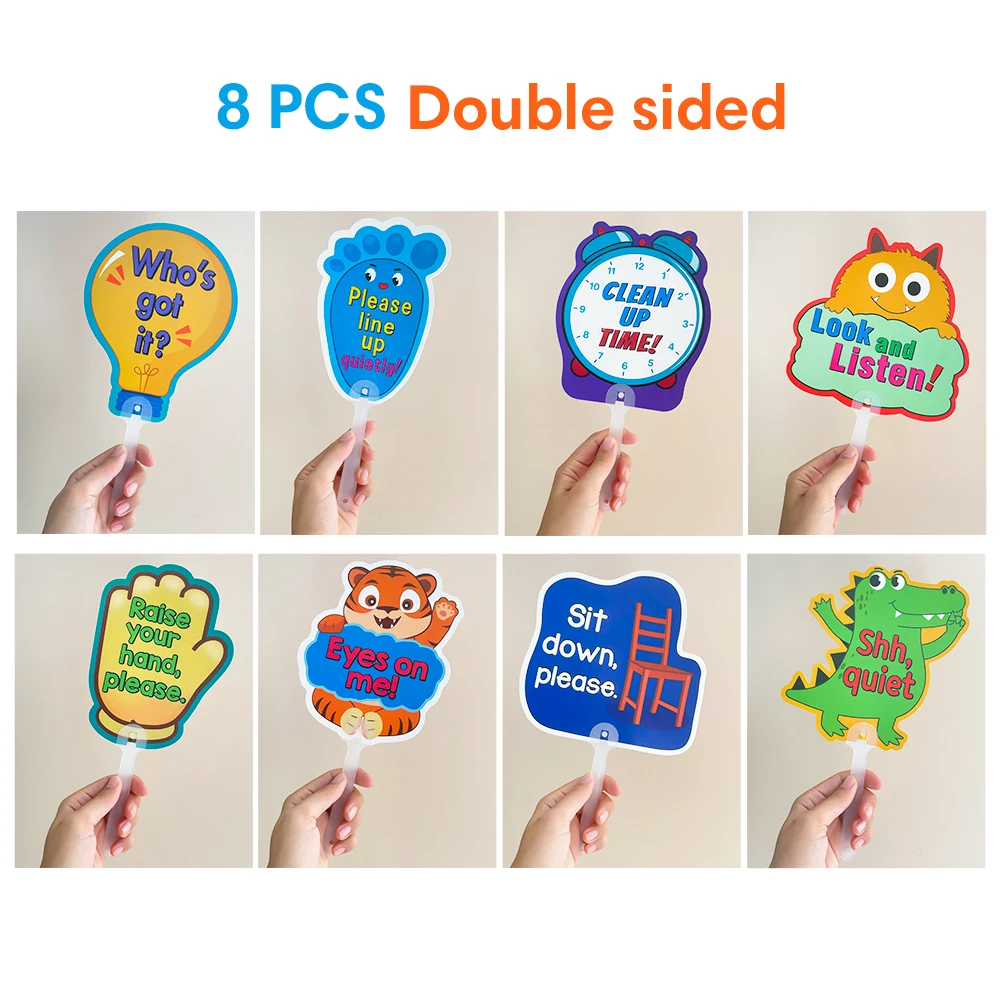 8Pcs Classroom Rule Paddles Cartoon Class Signs Teacher Action Directions Handheld Board Event Supplies Teaching Aids Montessori