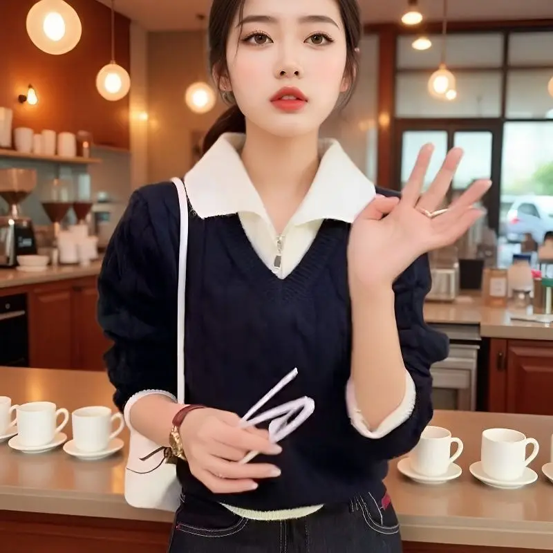 

Модный вязаный свитер женский свободного кроя осенне-зимний с воротником на молнии, с узором косы, повседневный, с длинными рукавами