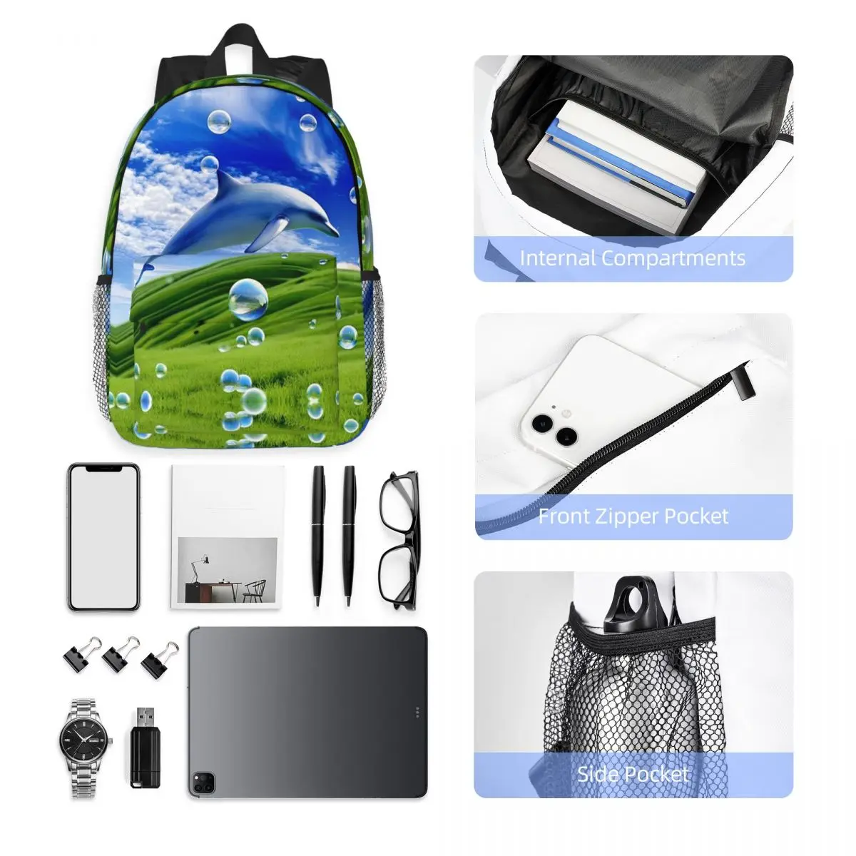 Frutiger Aero Dolphin Y2k Aesthetic Meadow With Bubbles And Mountains And Sky Backpack Daypack BookBag Shoulder Bags School Bag