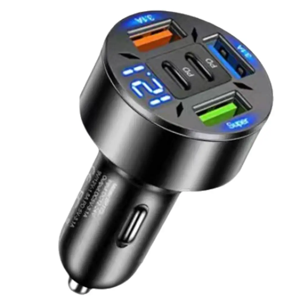 66w Car Fast Charger with Digital Display Multi-port USB Type-C Color Cigarette Lighter Adapter for iPhone Huawei Samsung