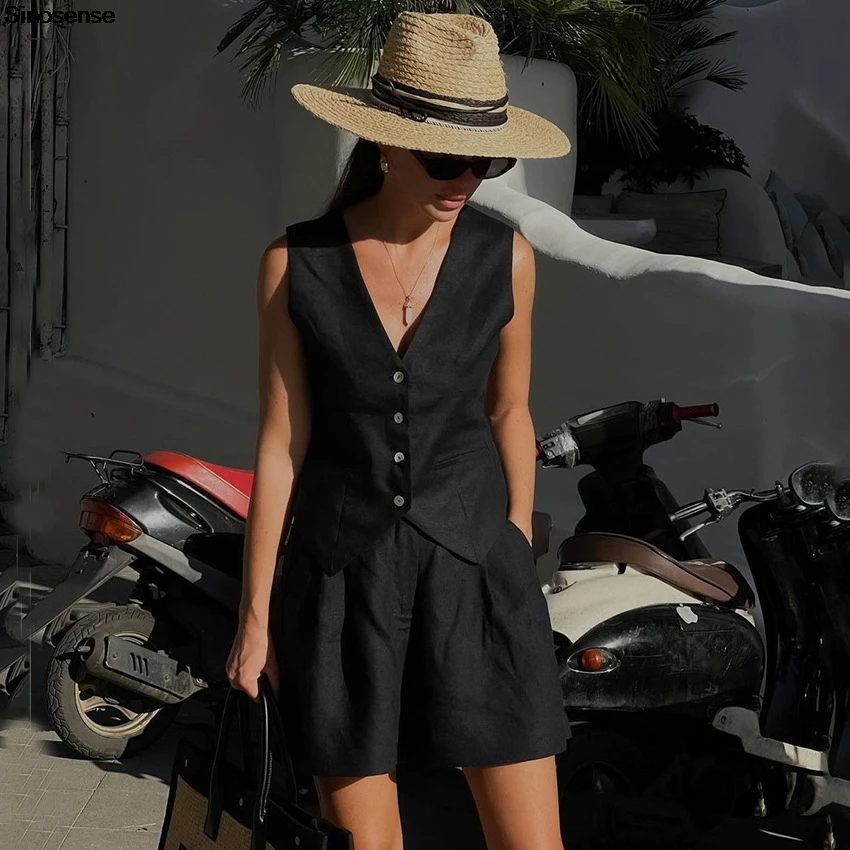 Women Cotton And Linen 2 Piece Set Button Down V Neck Vest Sleeveless Tops And Pockets Shorts Blazer Suits Trendy Summer Outfits