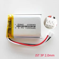 3.7V 1200mAh Lipo Polymer Lithium Rechargeable Battery + JST PH 3pin 2.0mm Plug For MP3 GPS DVD Rrecorder Headset Camera 103040