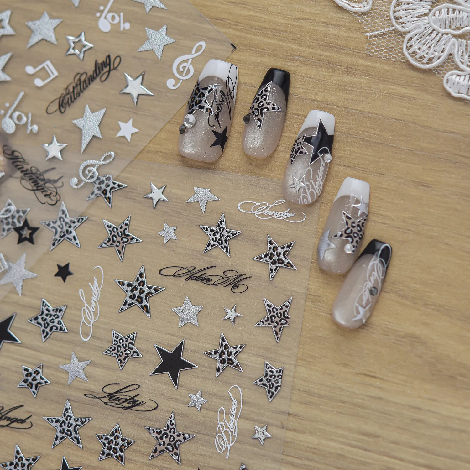 Metallic Texture Stars Musical Nail Sticker Leopard Print Star Cursive Letter Self-adhesive Nail Decoration Stickers Accessories