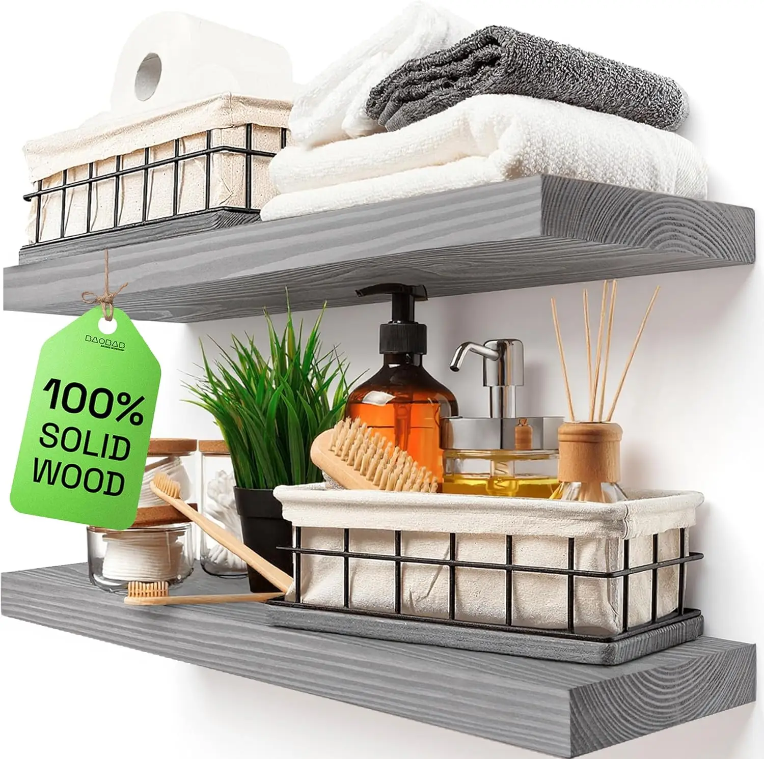 

Wood Floating Shelves for Wall - Rustic Shelf 24 inch - Grey Bath Shelves - Solid Wood Shelves for Wall for Bed Kit Living Rm
