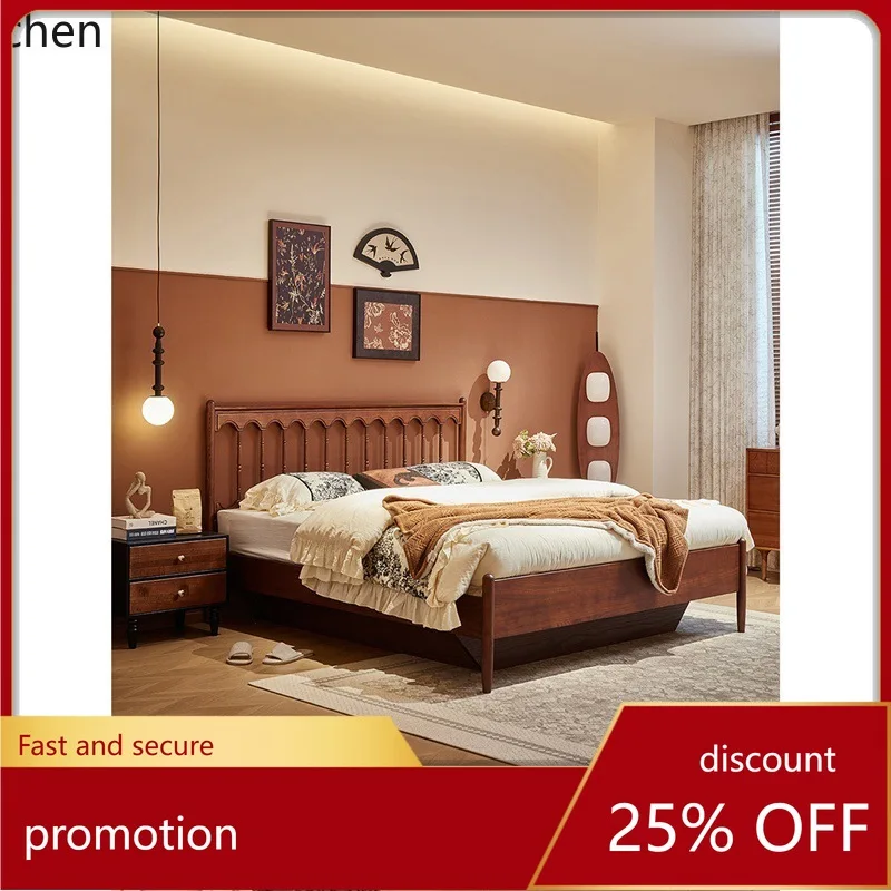 

ZML Solid Wood Bed 1.8m Master Bedroom Double Bed Vintage Style Red Oak Bed