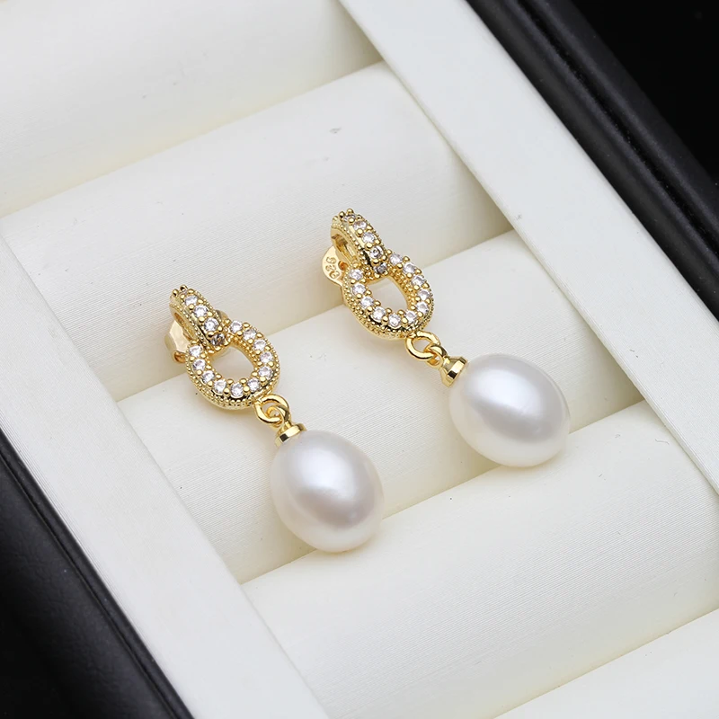 

Natural Fresh Water Pearl Drop Earrings,Gold Plated Real 925 Sterling Silver Pin Earrings For Women Jewelry