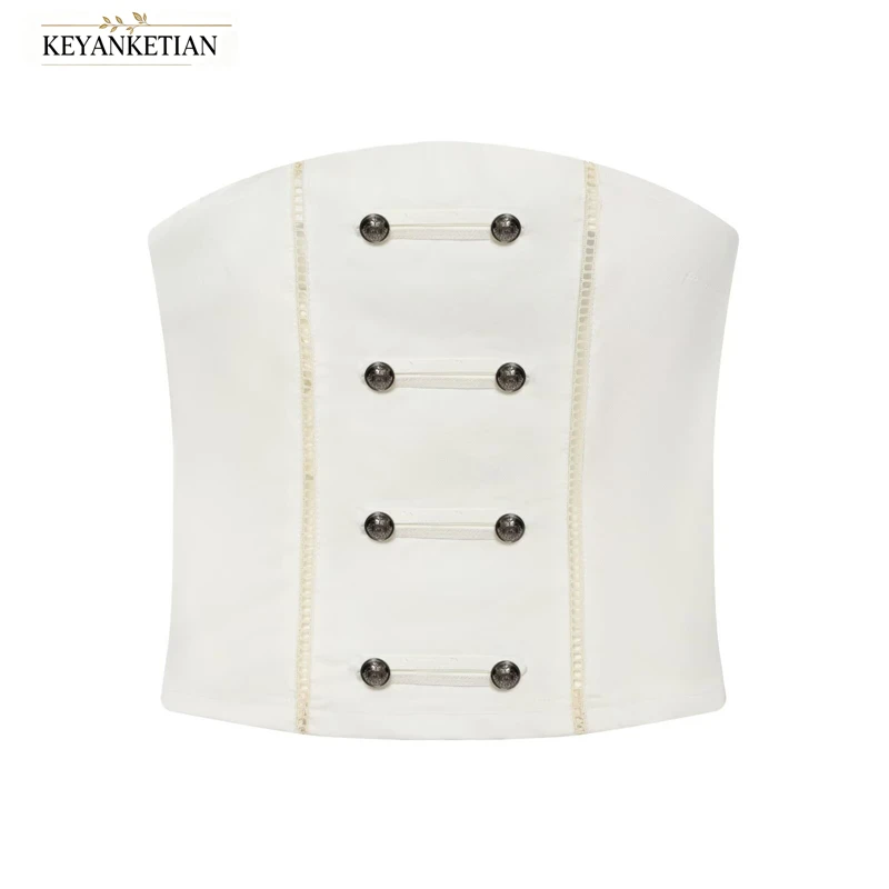 KEYANKETIAN 2026 Women White Strapless Corset Top Vintage Double Metal Buttons Lace Trim Sleeveless Slim Short Tube Top