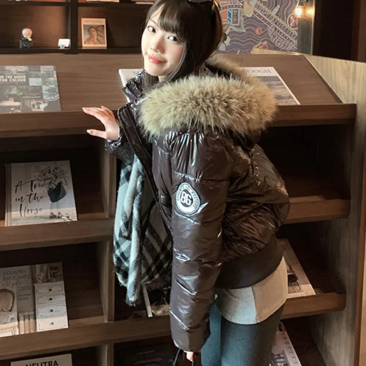 American Style Thickened Waterproof Fleece Collar Jacket Glossy Surface Anti-Stain Slim Fit Cotton Coat for Short Women