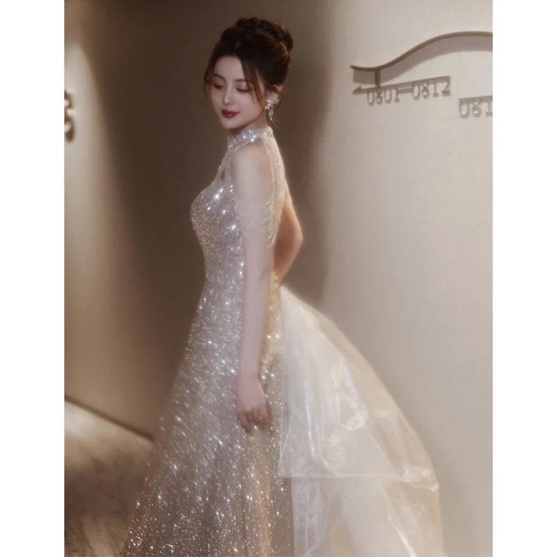 

Ele Hanging Ne Evening Gown iny Slimming High-End Feel 2024 New Sle Celebri Art Exam Glittering Personali