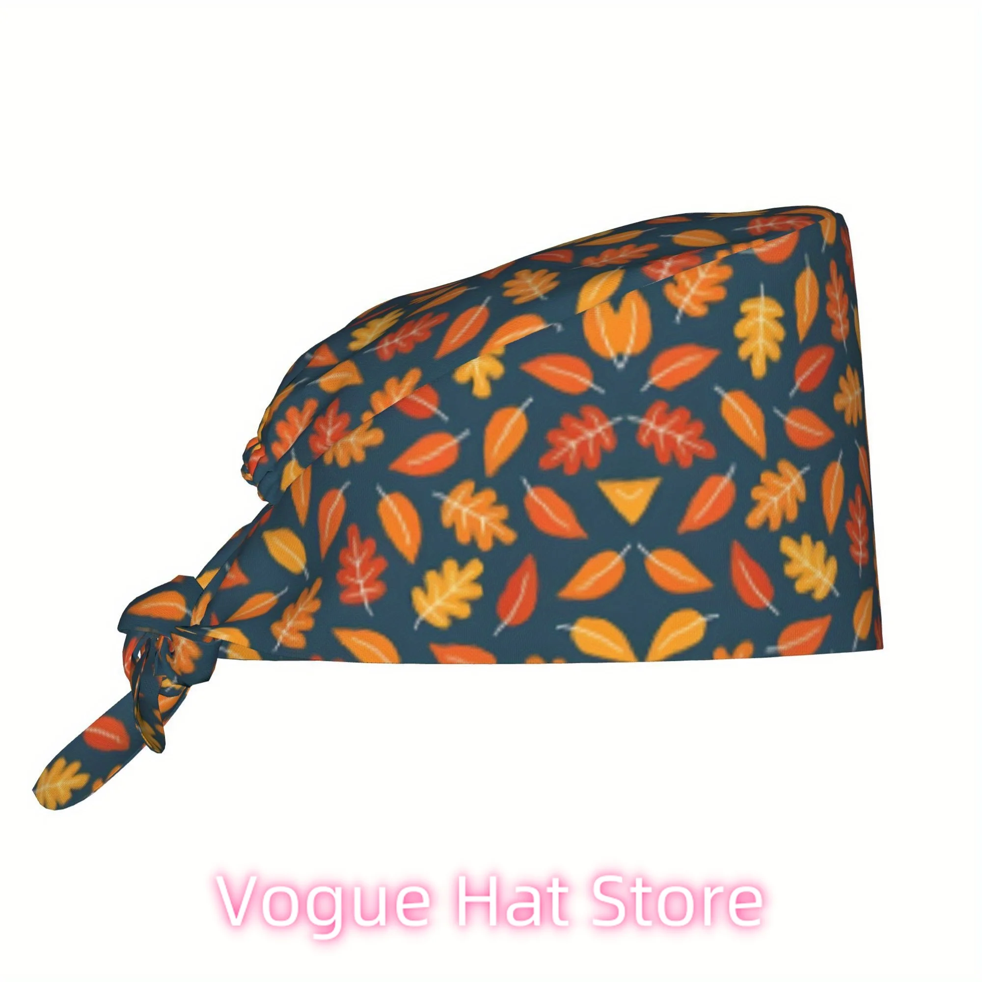 Lightweight Adjustable Work Cap in Indigo Blue with Autumn Leaves Design, Featuring Lace-Up Details, Dust-Proof, Ideal for Nurse