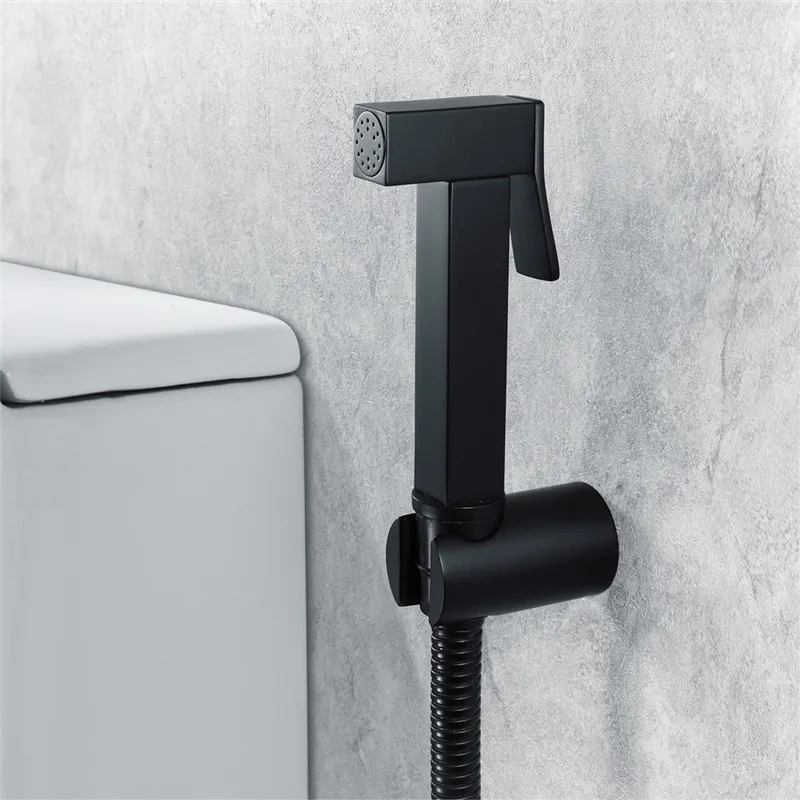 Brass Matte Black Square Bidet Set Toilet Handheld Bidet Toilet Spray Gun Bidet Faucet Brass Valve Hand Shower Holder & hose