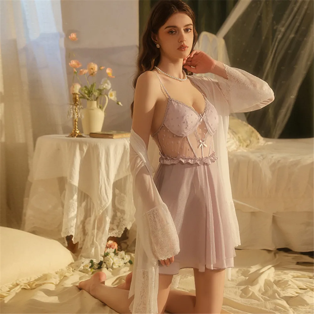 

Кружевной комплект халатов, женская летняя одежда для сна, кимоно, халат, свободный повседневный костюм для сна, сексуальное домашнее платье