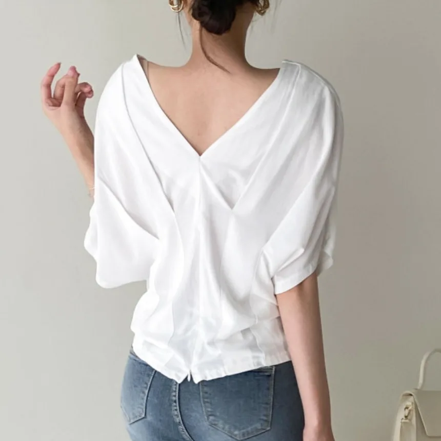 

Chic Summer V-neck Pleated Waist-cinching Short Sleeve Shirt Women's Top Korean Style Breathable Polyester Cotton Blend