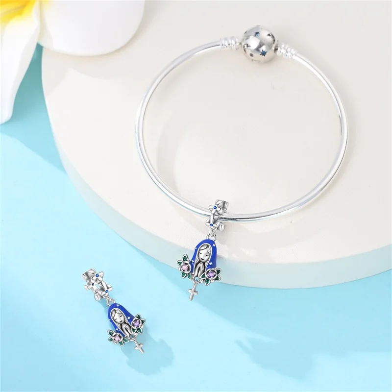 Fit Original 925 Sterling Silver Charms Beads Virgin Mary Prayer Cross Charms for Women Fine DIY Birthday Jewelry Guarding Gifts