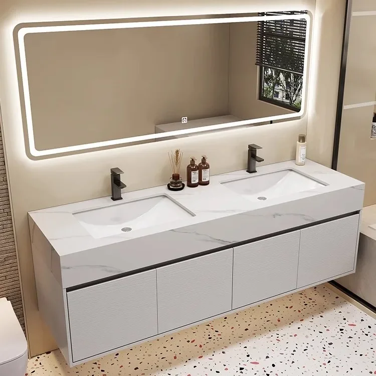 

Bathroom Cabinet Vanity with Ceramic Double Basin Floating Solid Wood Bathroom Vanity with Half Side Cabinet Bathroom Furniture