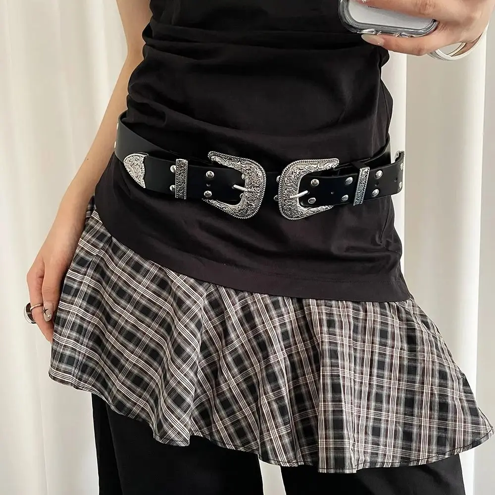 

Модный винтажный женский ремень с заклепками Y2k, готический кожаный пояс, двуглавый черный платье, джинсовый ремень, пояс с застежкой на талии