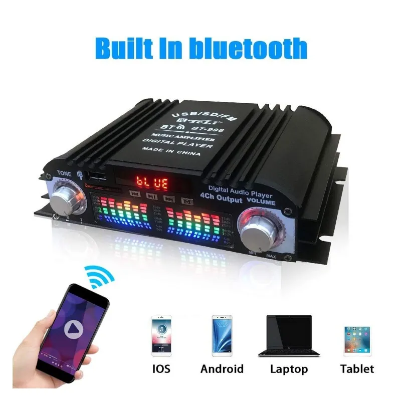 الذروة الطاقة HiFi مكبر صوت رقمي 4 قناة مضخم الصوت بلوتوث مشغل الكاريوكي راديو FM دعم التحكم عن بعد 1600 واط