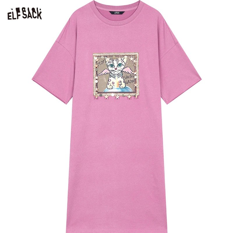 Elfsack 2025 春の新着 Y2K 漫画プリント半袖 Tシャツドレス女性ルーズカジュアルロングドレス