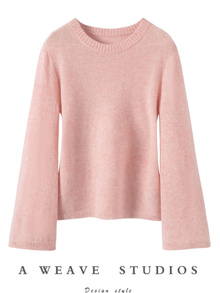 

ADDONEE Women 100% Cashmere Sweater O-neck Pullover Flare Sleeves Autumn Winter Basic Soft Cashmere Knitwear Luxury Grace Tops
