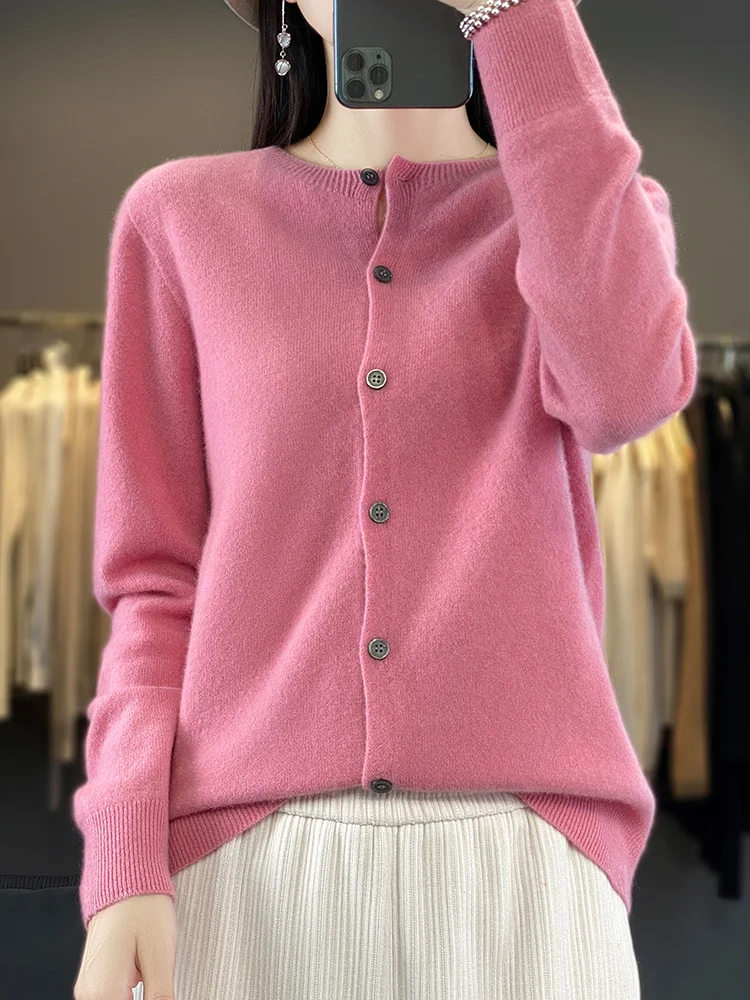 Pull en cachemire à manches longues pour femmes, cardigan à col rond, 100% laine mérinos, vêtements décontractés pour femmes, monochromatique, haute qualité, automne, hiver