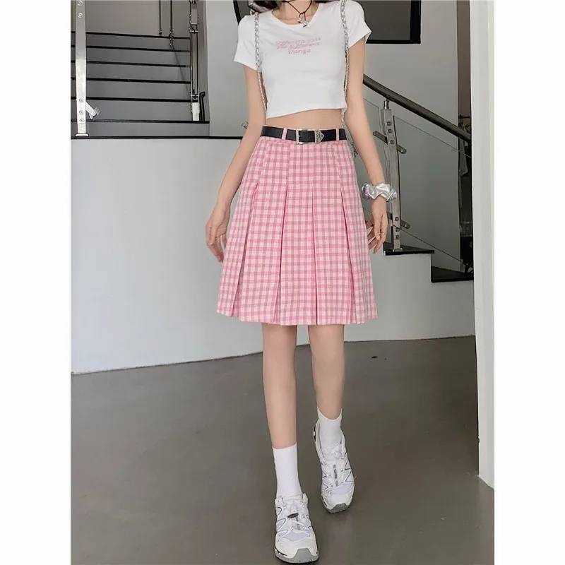 

2024 Women's Summer Fashion Pink Plaid Pleated Skirt Mid length Half skirt High Waist Academy Style A-line Half skirt