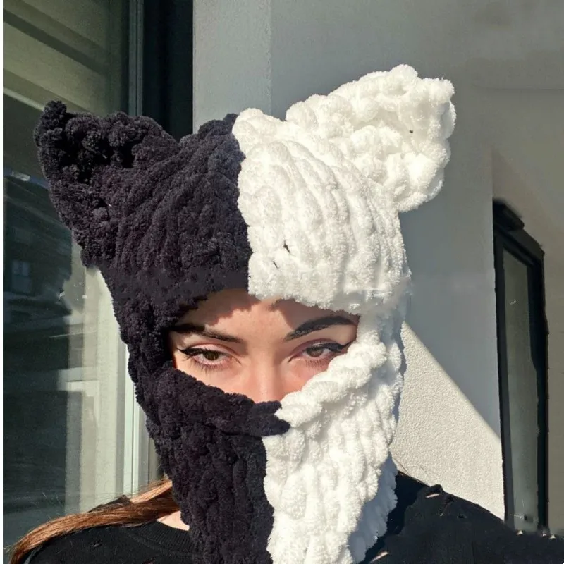 Girls Sweet Cat Ear Creative Knit Hat Balaclava Warm Cup Windproof Outdoor Sports Full Face Mask Ski Mask