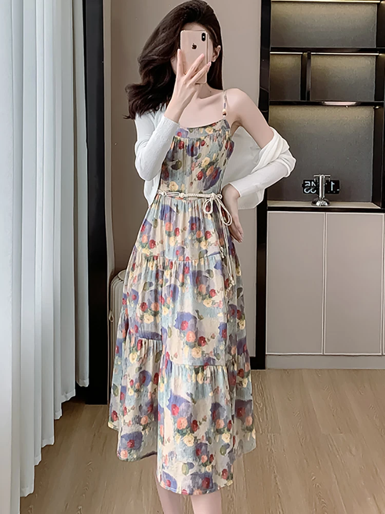 

Women Summer New Floral Bandage Bodycon Sling Dress+White Cardigan Two Piece Sets 2024 Korean Vintage Elegant Luxury Dress Suits