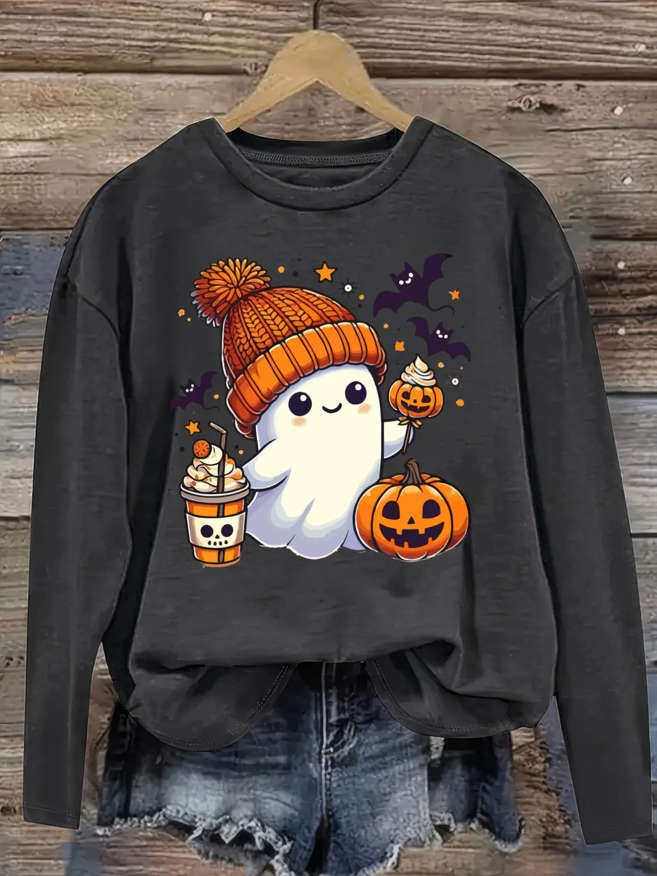 Women's Casual Long Sleeve Crew Neck T-Shirt Cute Ghost Halloween Pumpkin Print Design, Round Neck Women's Clothing, Machine Washable, Slightly Elastic, Loose Fit, Spring Autumn Winter Women's T-Shirt, Halloween Costume Outfit