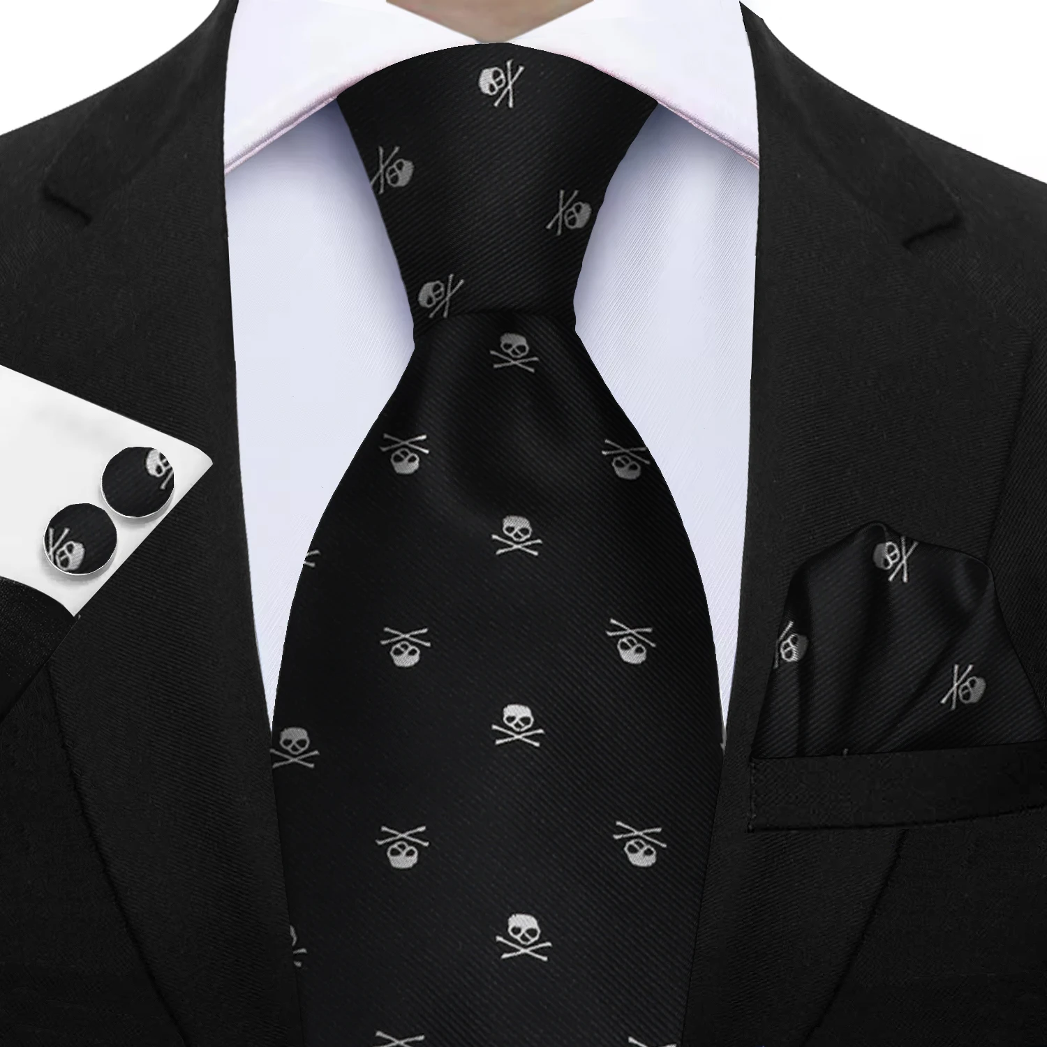 Elegant Ties For Men Gift Fashion Men Tie Set Skull Print Necktie Handchief Cufflinks 3 Pcs Business Wedding Suit Accessories