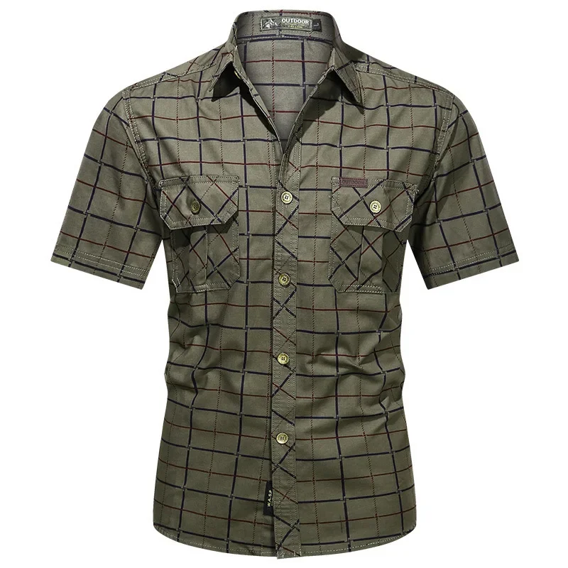 New Summer Men Plaid Shirts Male Military Outdoor Multi-pockets Tooling Shirts Quality Man Large Size short-sleeved Shirts 5XL