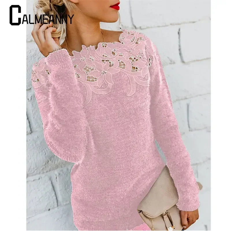 Outono inverno doce coreano moda casual sólido pulôver o-pescoço pulôver de pelúcia quente suor senhoras camisola de renda camisola de malha feminina