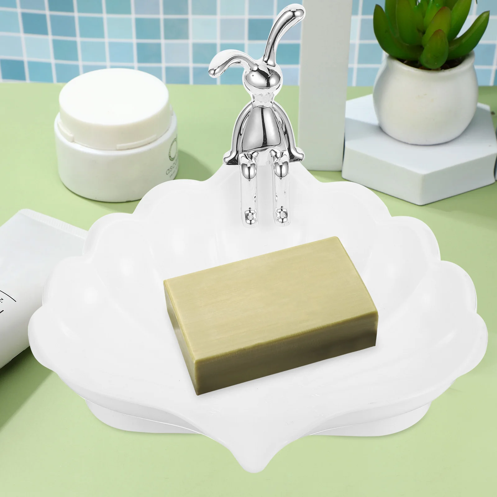 

Small Rabbit Shell Dish Self-Draining Non-Slip Bathroom Soap Holder Tray Bar Soap Container Countertop Organizer