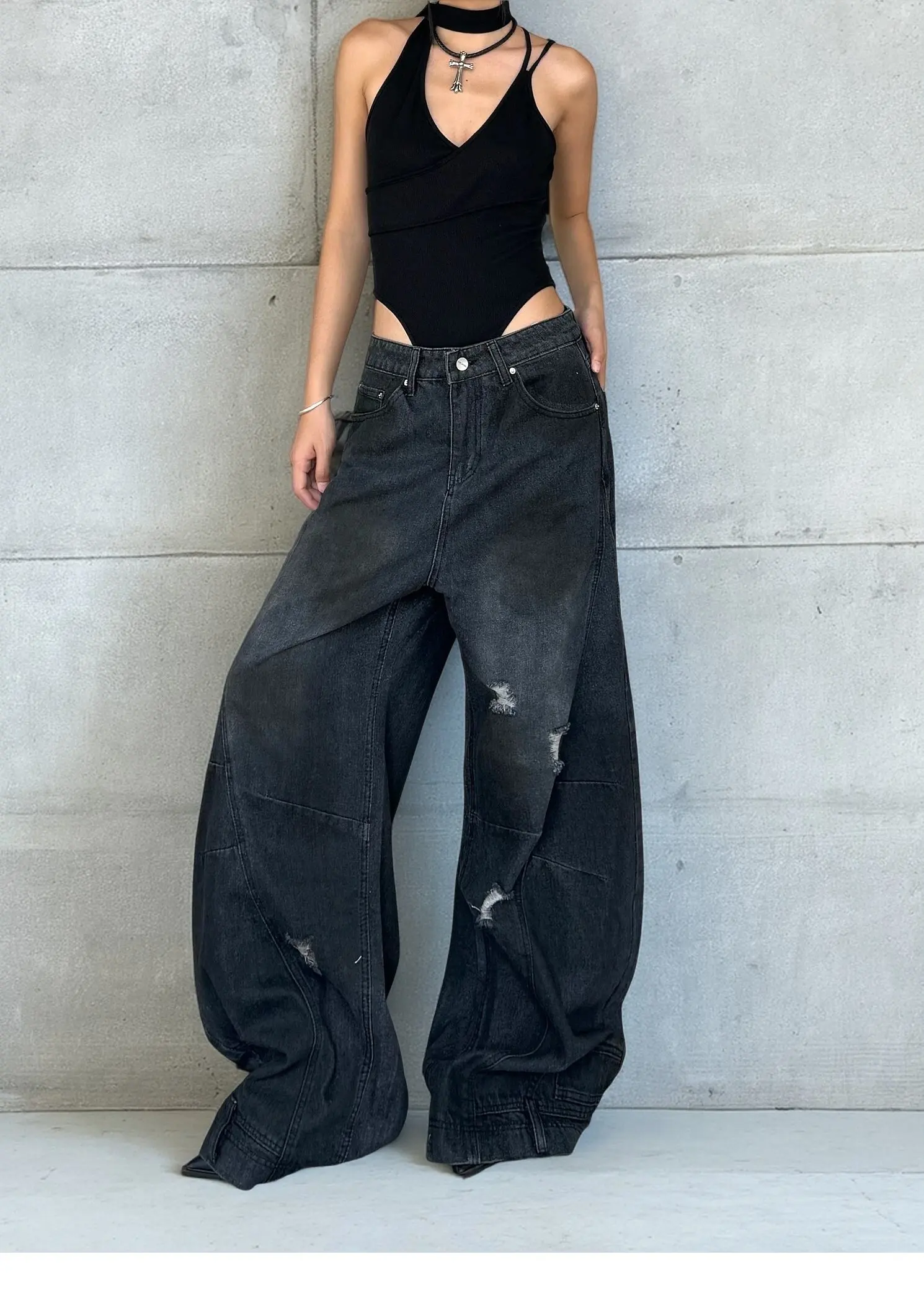 شيك موضة المرأة الجينز خمر الرجعية الحبر القذر عالية الخصر عادية واسعة الساق الدنيم السراويل ثقوب تصميم الإناث العصرية Harajuku