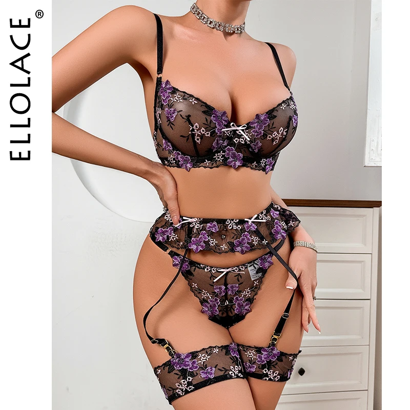 

Ellolace Fairy Lingerie Lace Embroidery Delicate Underwear For Hot Women g-String Thongs Erotic Attractive Matching Bra Set