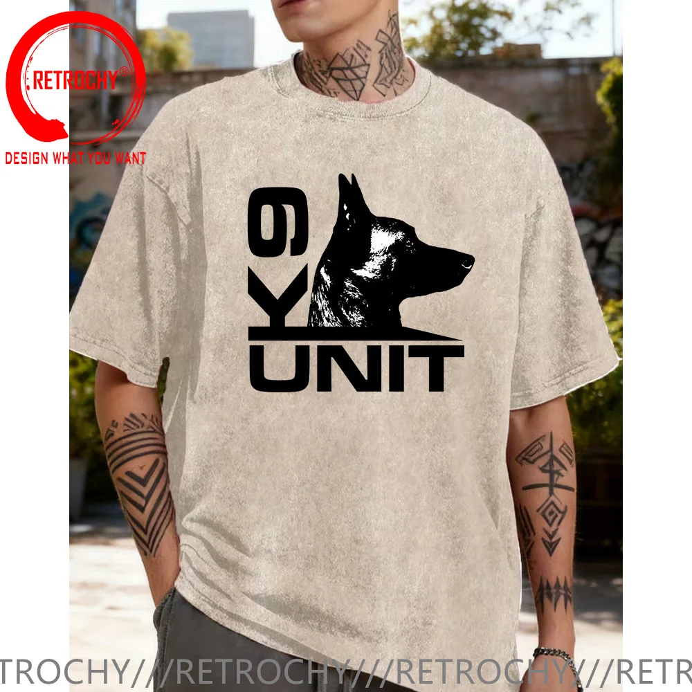 Vintage Washed Cotton T Shirt Men Custom T-Shirt Men's K-9 Team K9 Unit T Shirt Trendy Urban Streetwear Stylish Summmer TeeShirt