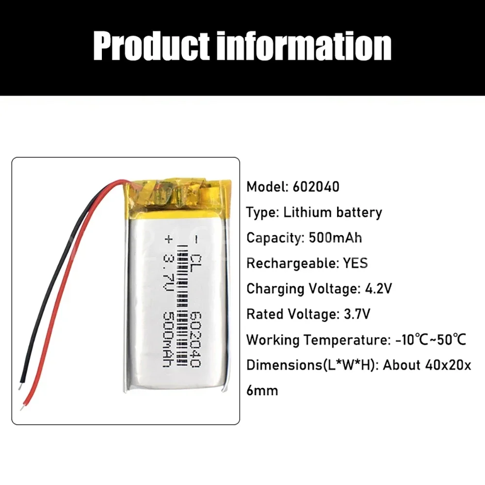 602040   3,7 В, 500 мАч, сменная литий-ионная батарея Lipo, литий-полимерная аккумуляторная батарея для Bluetooth-динамика