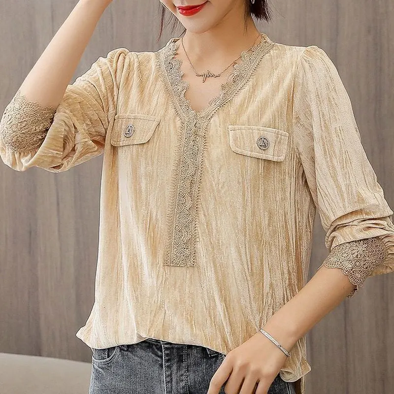 2023 Casual Solid Color Elegant V-Neck Lace Patchwork Shirt Spring Autumn Three-dimensional Decoration Stylish Hollow Out Blouse