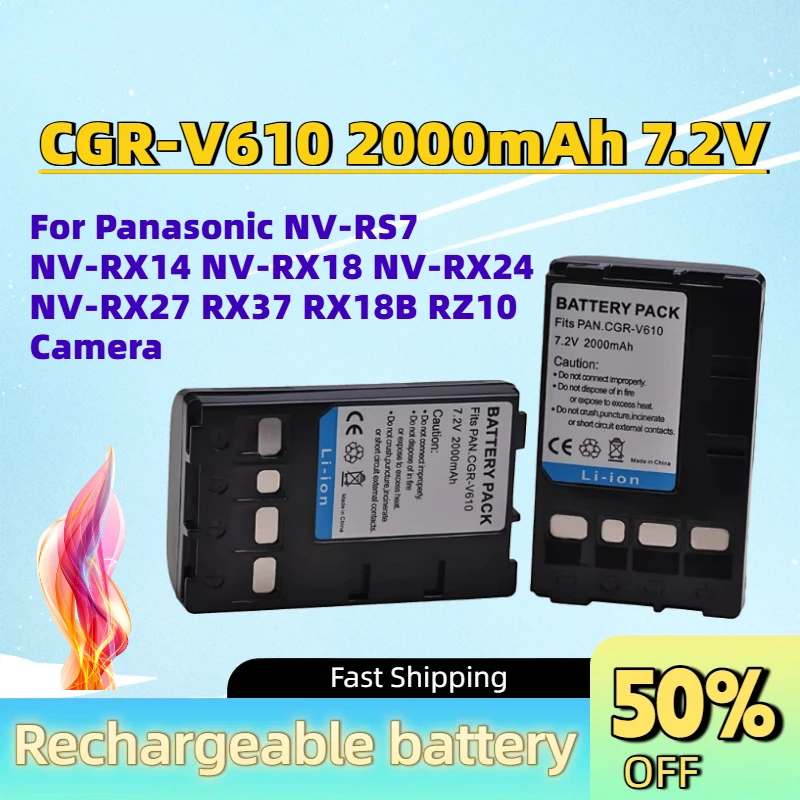 High-Quality CGR-V610 2000mAh 7.2V Digital Battery for Panasonic NV-RS7 NV-RX14 NV-RX18 NV-RX24 NV-RX27 RX37 RX18B RZ10 Camera