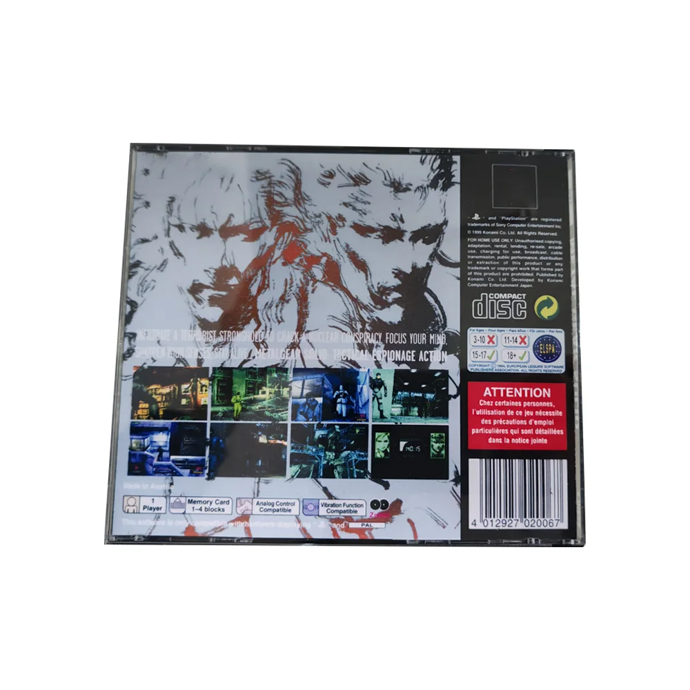 PS1 metalgear solid PAL With Manual Copy Disc Game Black Bottom Unlock Console Station 1 Retro Optical Driver Video Game Part