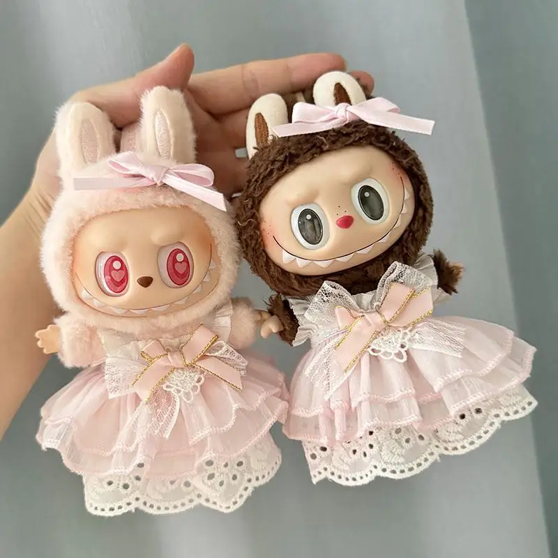 17cm Mini Plush Doll'S Clothes Outfit Accessories For Korea Kpop Labubu Idol Pink bright silk bow princess gauze skirt Clothing