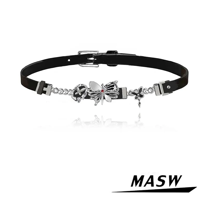 

MASW Original Design Modern Jewelry Butterfly Pendant Black PU Choker Necklace For Women Girl Gift Hip Hop Punk Style